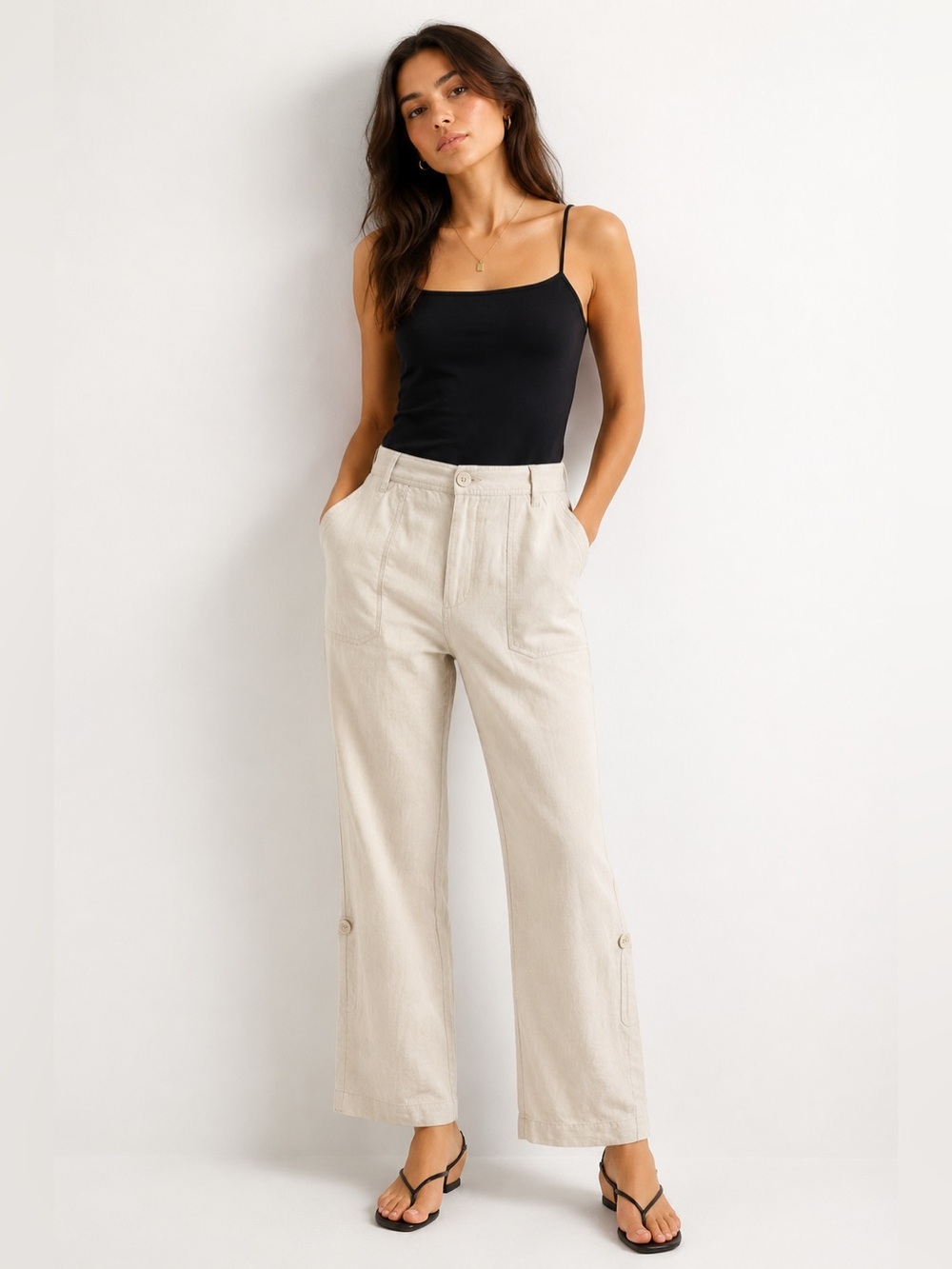 100% Linen Roll Tab Pants Beige Wide Leg Crop Convertible Size 34 (W 33” x L30”)